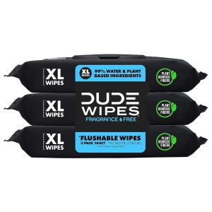 DUDE Wipes – Flushable Wipes – 3 Pack, 144 Wipes – Unscented Extra-Large Adult Wet Wipes – Vitamin-E & Aloe – Septic and Sewer Safe